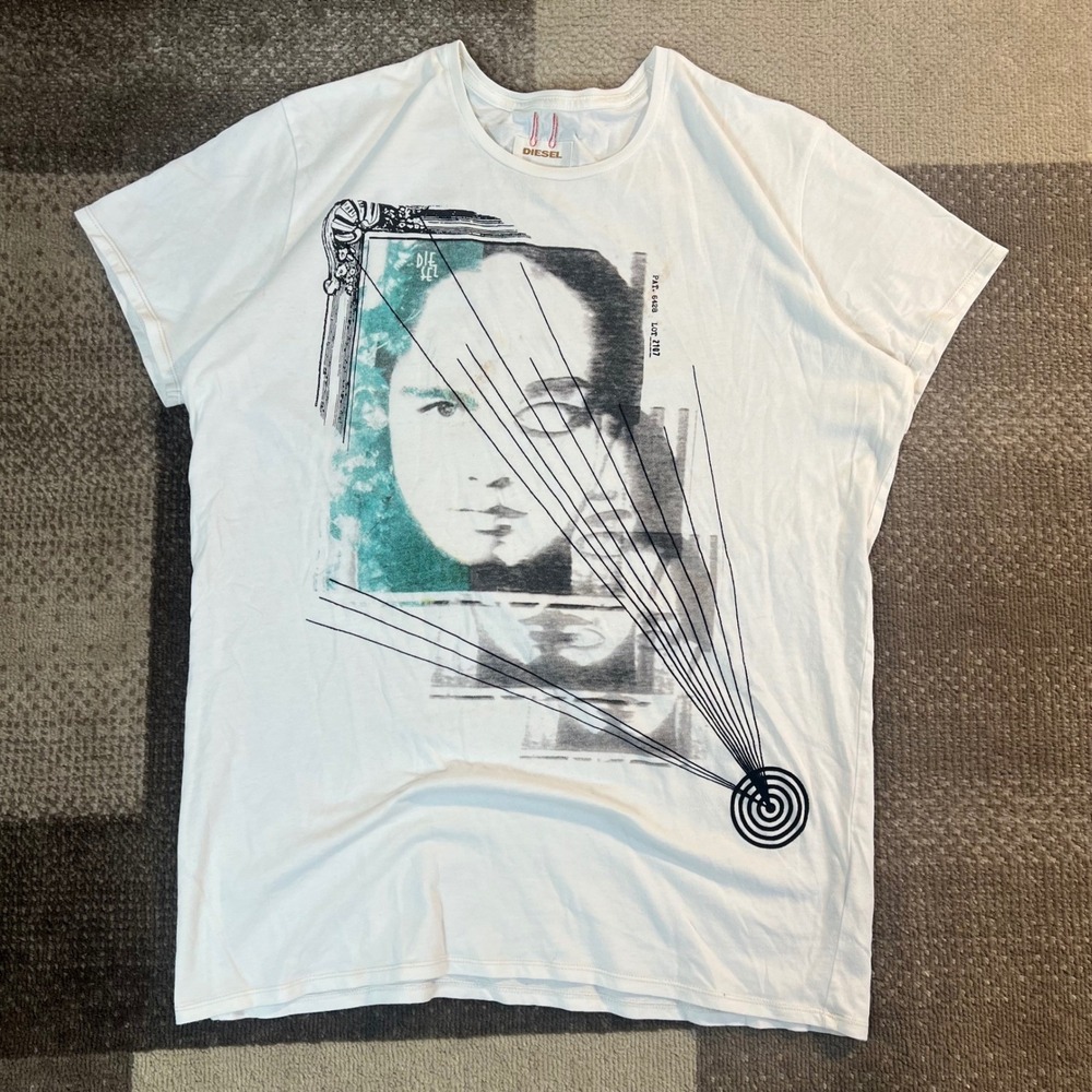 Diesel Mens Graphic T-Shirt White XL Abstract Portrait Art Print Cotton Tee Slim